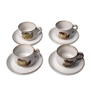 Denby Troubadour 4 Teacup Cup and Saucer Sets England Stoneware Vintage 1970s